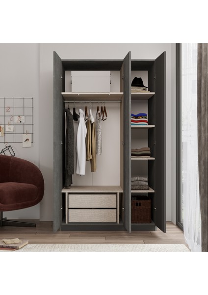 New Home 3 Kapaklı Çekmeceli Aynalı Gardırop Elbise Dolabı Beton Hm1-Rg fırsatları