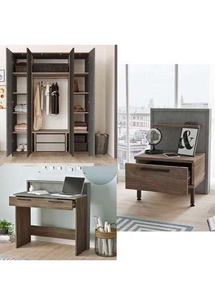 Genç Odası Takımı 5 Parça Beton-Kahve Renk 1. Sınıf Malzeme ile Üretilmiştir indirimleri