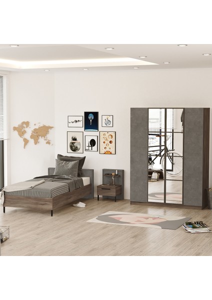 Genç Odası Takımı 3'lü Set Beton-Kahve 1. Sınıf Malzeme ile Modern Tasarım