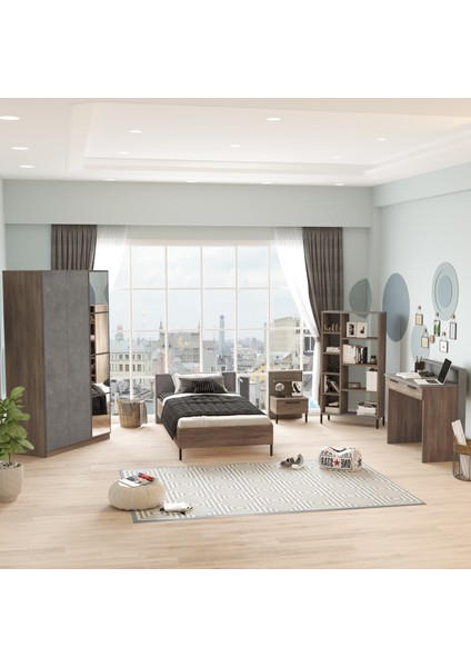Genç Odası Takımı 5 Parça Set Beton-Kahve Renk Ergonomik Tasarım ile