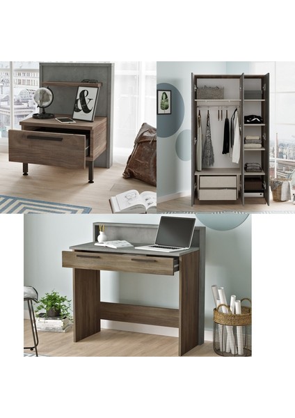 Genç Odası Takımı 5 Parça Set Beton-Kahve Renk Ergonomik Tasarım ile indirimleri