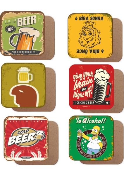 Bira Temalı 6lı Retro Ahşap Bardak Altlığı Seti