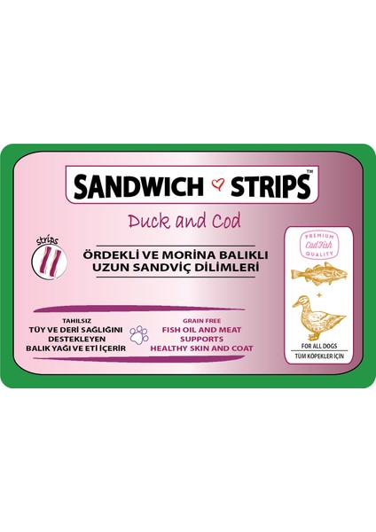 Ördekli ve Morina Balıklı Sandviç Şeritleri - Tahılsız - Taze Et ve Okyanus Balığından - 80 gr modelleri