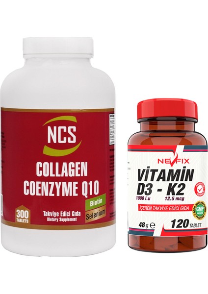 Selenium Çinko Biotin Coenzyme Q10 200 Mg Hidrolize Collagen 2000 Mg & Nevfix Vitamin D3-K2 120 Tablet