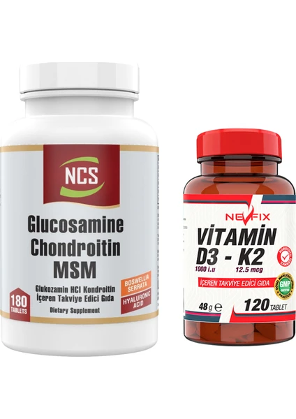 Glucosamine Chondroitin Msm Boswellia Serrata Hyaluronic Acid 180 Tablet & Nevfix Vitamin D3-K2 120 Tablet