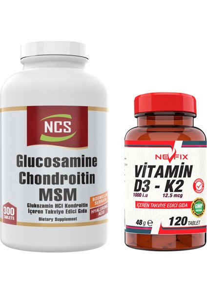 Glucosamine Chondroitin Msm Hyaluronic Acid Bosvella 300 Tablet & Nevfix Vitamin D3-K2 120 Tablet