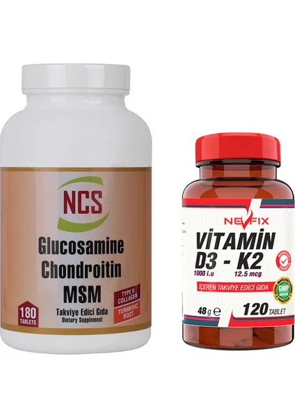 Glucosamine Chondroitin Msm Type Iı Collagen Turmeric 180 Tablet & Nevfix Vitamin D3-K2 120 Tablet