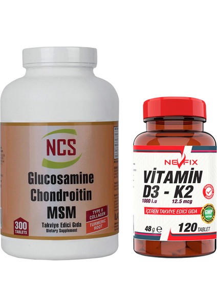 Glucosamine Chondroitin Msm Type Iı Collagen Turmeric 300 Tablet & Nevfix Vitamin D3-K2 120 Tablet