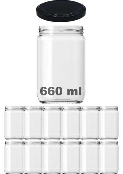 660 cc Kavanoz Metal Siyah Konserve Kapaklı 660 ml Şeffaf Cam Kavanoz 12 Adet