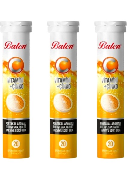 C Vitamini + Çinko Portakal Aromalı Efervesan 20 Tablet x 3 Adet