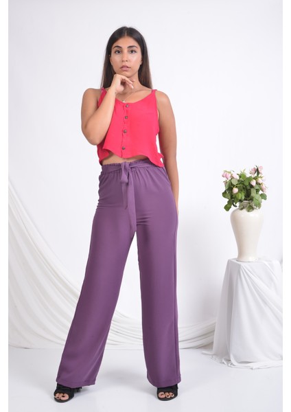 Bayan Beli Lastikli Bol Paça Yazlık Pantolon
