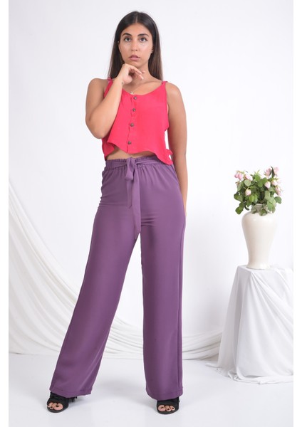 Bayan Beli Lastikli Bol Paça Yazlık Pantolon