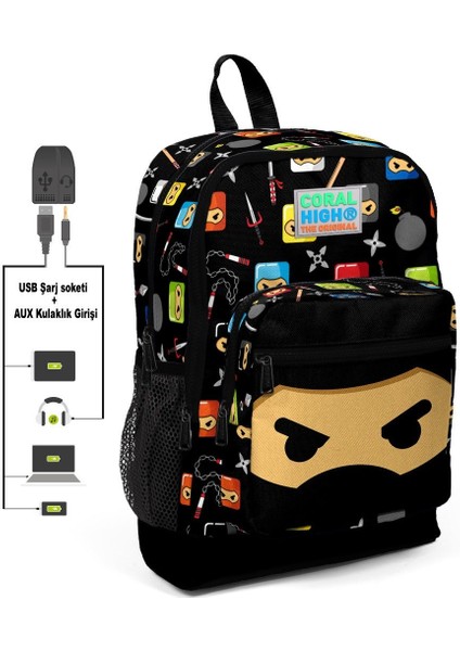 Kids Dört Gözlü Ninja Baskılı Usb + Aux Soketli İlkokul Çantası