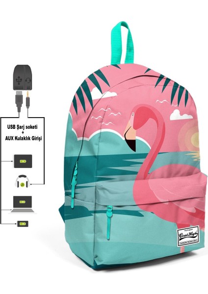 Usb + Aux Soketli Flamingo Desenli Okul Sırt Çantası Yeşil - Pembe