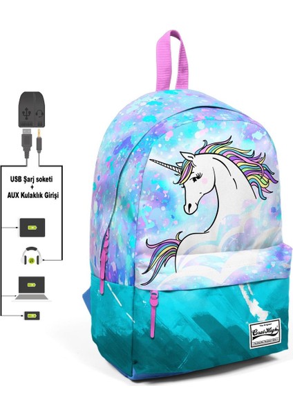 Usb + Aux Soketli Unicorn Desenli Sırt Çantası Mavi - Yeşil