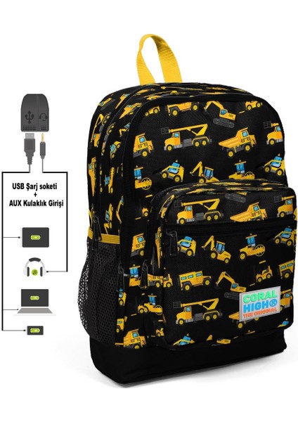 Kids İş Makineleri Baskılı Usb + Aux Soketli Dört Gözlü İlkokul Çantası