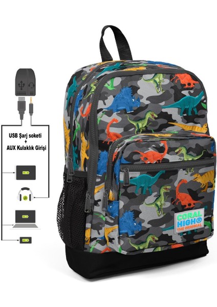 Kids Dinazor Kamuflaj Desenli Usb + Aux Soketli Dört Gözlü İlkokul Çantası