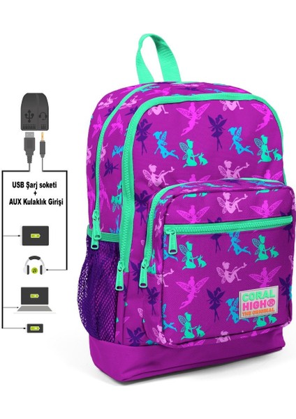 Kids Peri Baskılı Usb + Aux Soketli Dört Gözlü İlkokul Çantası
