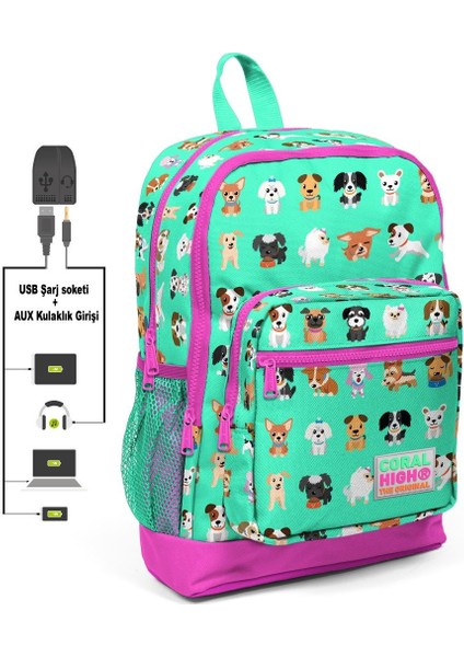 Kids Sevimli Köpekler Usb + Aux Soketli Dört Gözlü İlkokul Çantası
