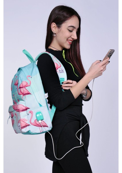 Usb+Aux Soketli Flamingo Desenli Sırt Çantası Yeşil modelleri