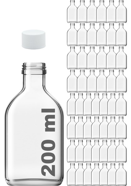 200 cc Cold Brew Şeffaf 200 ml Sızdırmaz Beyaz Plastik Kapaklı Yassı Cam Şişe (Soğuk Kahve) 52 Adet