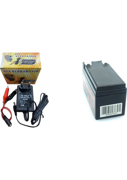 Ata Elektronik 12V 1.3AH 12 V 1.3 A Kuru Tip Akü + 12 V Akü Için Adaptör 1 A 2'li Set