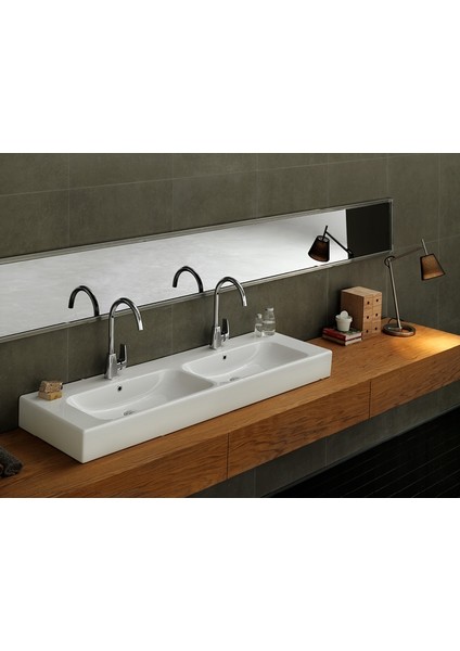 Seramik Cerastyle Pinto 150CM Çift Hazneli Etajerli Lavabo modelleri