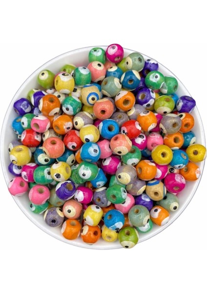 10MM Karışık Renkli Ahşap Tahta Nazar Boncuğu (50GR, ~300 Adet)