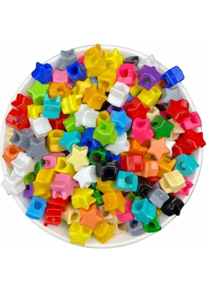 Geniş Delikli Karışık Renkli Plastik Yıldız Model Boncuk,takı,aksesuar Boncuğu (50GR,~100 Adet)