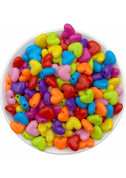 25GR Karışık Renkli Plastik 14MM Kalp Model Boncuk,hobi Takı Yapım Boncuğu ( 25GR,~40 Adet)