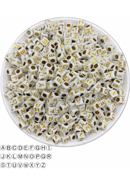 50GR Harf Boncuk,6mm Beyaz Zemin Üzeri Altınsarısı / Gold Yazılı Küp Harf Boncuk (50GR,~310 Adet)
