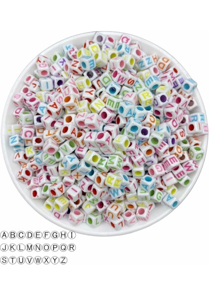 50GR Harf Boncuk,6mm Beyaz Üzeri Renkli Küp Harf Boncuk (50GR, ~330ADET)