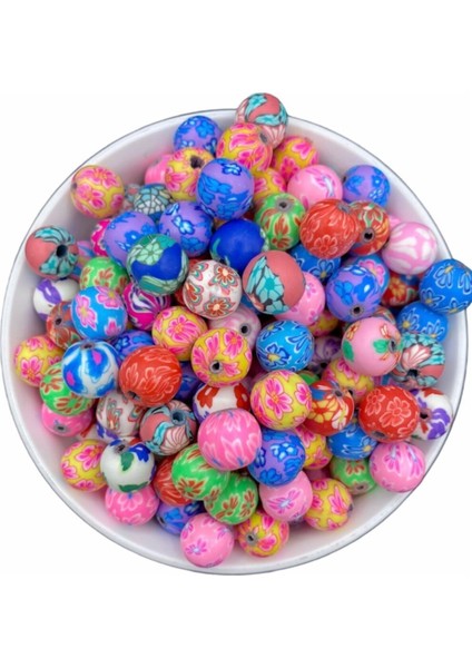 12MM Karışık Çiçek Desenli Yuvarlak Top Model Polimer Kil Fimo Boncuk (25 Adet)