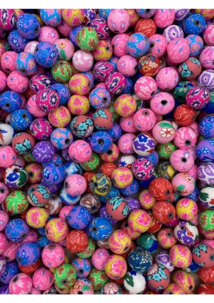 12MM Karışık Çiçek Desenli Yuvarlak Top Model Polimer Kil Fimo Boncuk (25 Adet)