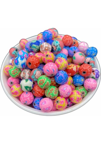 12MM Karışık Çiçek Desenli Yuvarlak Top Model Polimer Kil Fimo Boncuk (25 Adet)