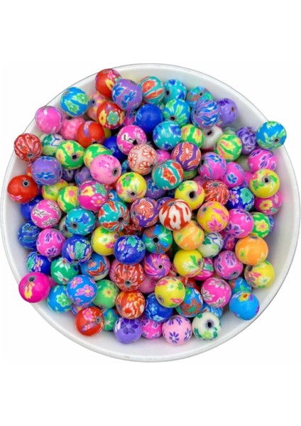 10MM Karışık Çiçek Desenli Yuvarlak Top Model Polimer Kil Fimo Boncuk (25 Adet)