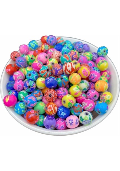 10MM Karışık Çiçek Desenli Yuvarlak Top Model Polimer Kil Fimo Boncuk (25 Adet) fırsatları