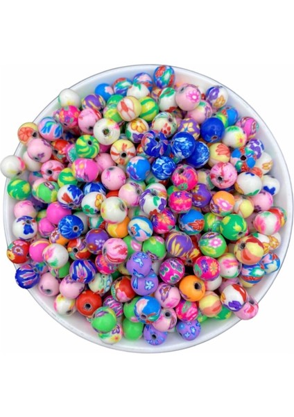8mm Karışık Çiçek Desenli Yuvarlak Top Model Polimer Kil Fimo Boncuk (25 Adet)
