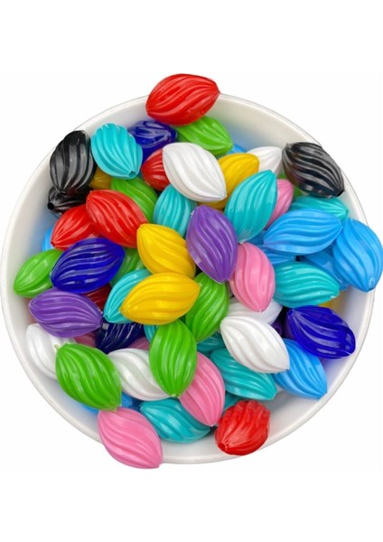 Karışık Renkli Plastik Burgulu Badem Model Boncuk, Takı,aksesuar Boncuğu ( (100GR,~60 Adet)