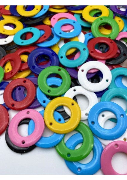 Çift Delikli Karışık Renkli Plastik Yassı Halka Boncuk (100GR,~60 Adet)