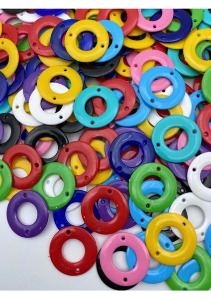 Çift Delikli Karışık Renkli Plastik Yassı Halka Boncuk (100GR,~60 Adet) modelleri