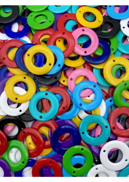 Çift Delikli Karışık Renkli Plastik Yassı Halka Boncuk (100GR,~60 Adet) fırsatları
