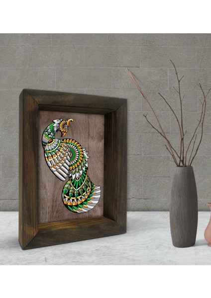 Gift Tavus Kuşu Tasarımlı Dekoratif Doğal Masif Ahşap Çerçeve 15X20CM-1