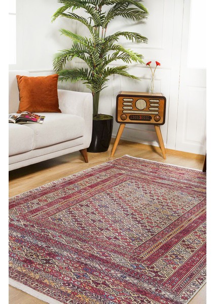 Etnik Kırmızı Renk Yıkanabilir Halı HLN043