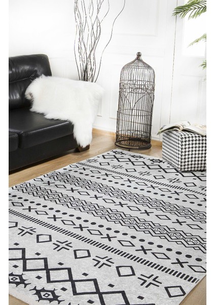 Bohem Gri Renk Siyah Detaylı Yıkanabilir Halı HLN610