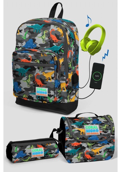 Coral High Gri Kamuflaj Dinazor Desenli Okul Çanta Seti Erkek Çocuk
