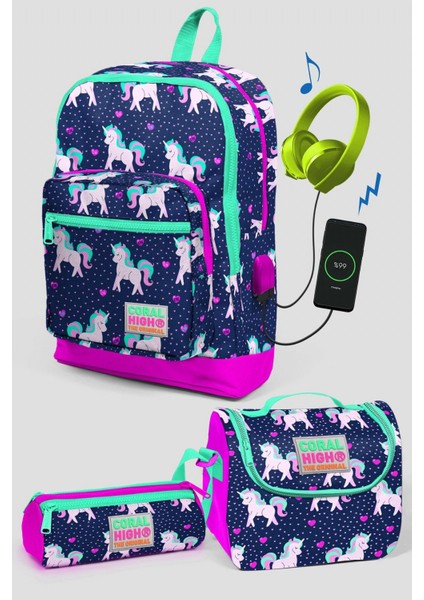 Coral High Lacivert Unicorn Desenli Okul Çanta Seti Kız Çocuk