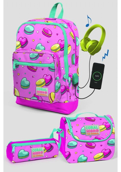 Coral High Pembe Makaron Desenli Okul Çanta Seti Kız Çocuk