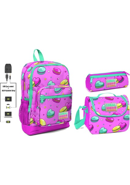 Coral High USB ve Aux Çıkışlı Okul Çanta Seti Kız Çocuk Pembe Kurabiyeler