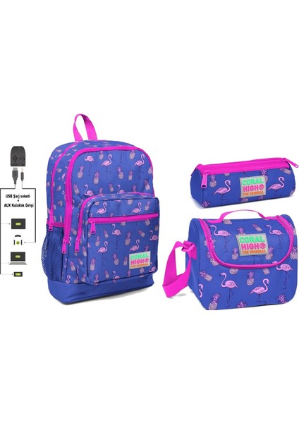 Coral High USB ve Aux Çıkışlı Okul Çanta Seti Kız Çocuk Mor Flamingo Baskılı
